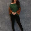 Bottle Green Off Shoulder Top with Embroidered Sleeves