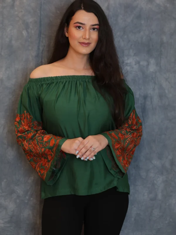 Bottle Green Off Shoulder Top with Embroidered Sleeves front