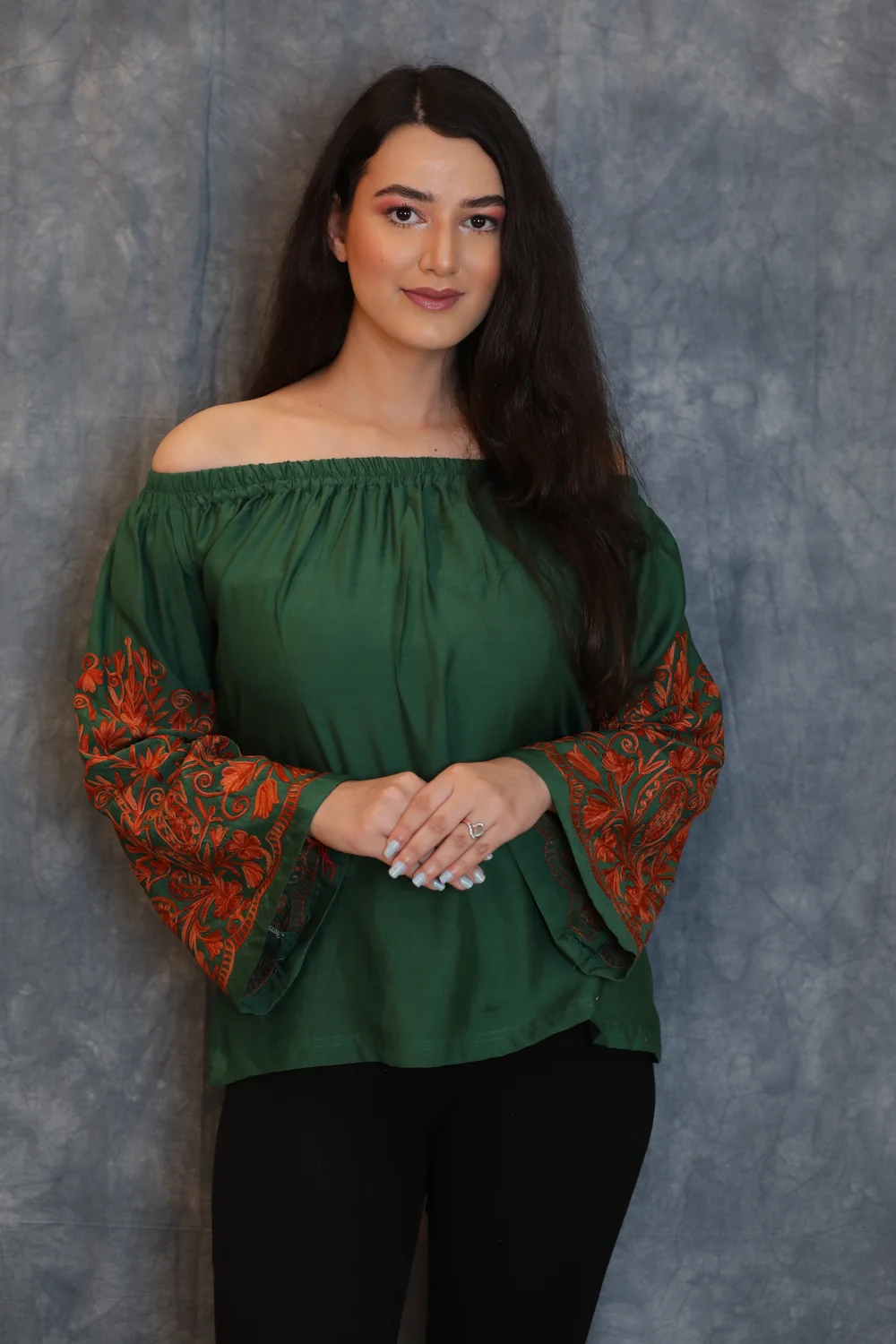Bottle Green Off Shoulder Top with Embroidered Sleeves front