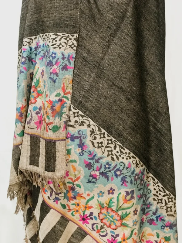 Ash Grey And Grey Pure Pashmina Reversible Shawl With Kani Hand Woven Palla front