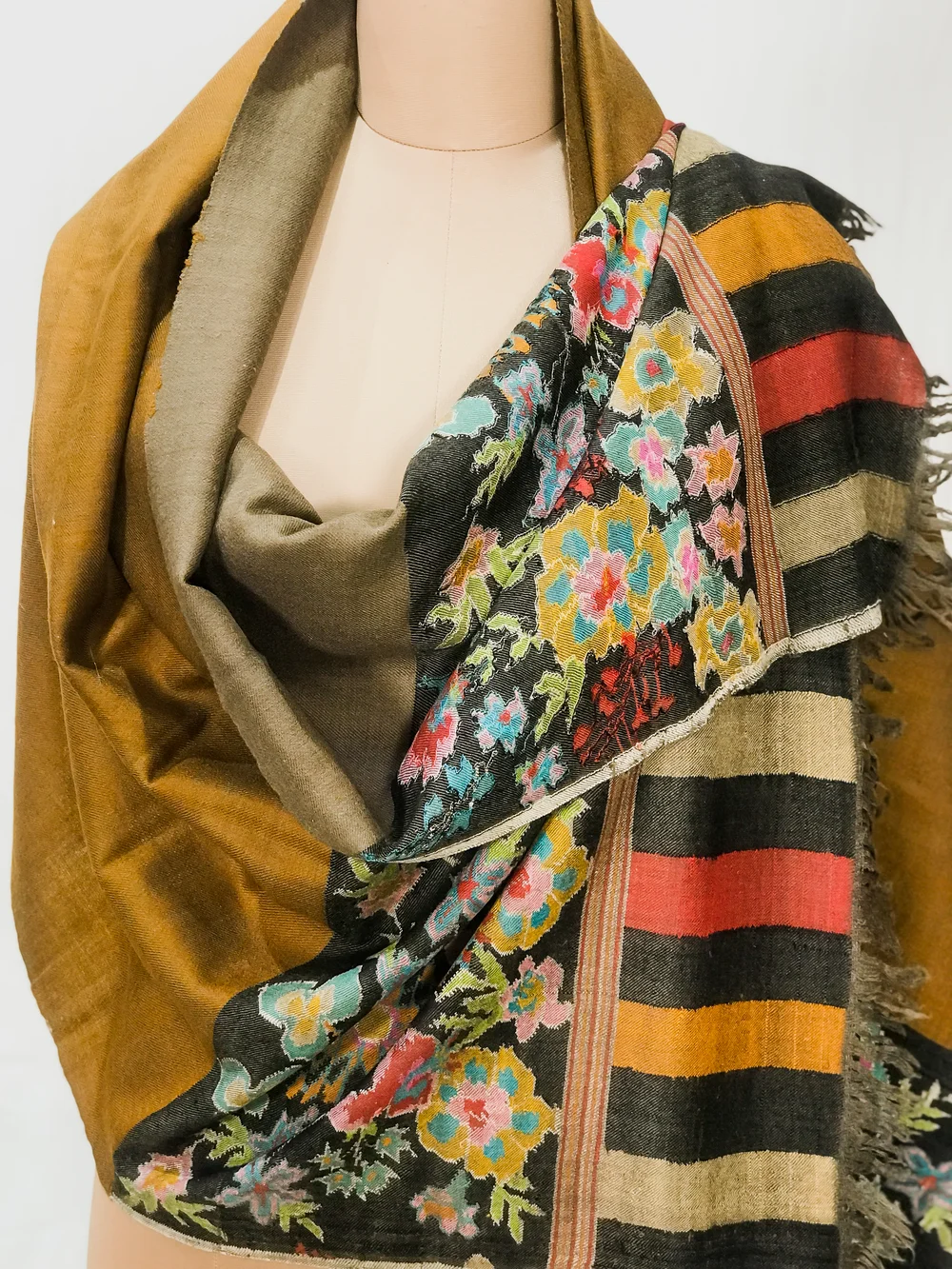 Mustard and Brown Pure Pashmina Reversible Shawl With Kani Hand Woven Palla front