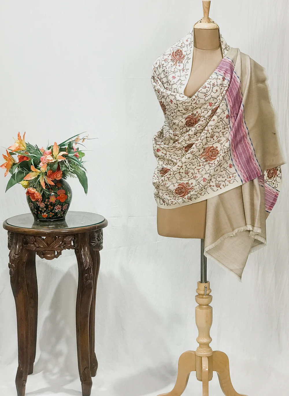 Off-White Pure Wool Shawl with Sozni Machine Jaal Embroidery