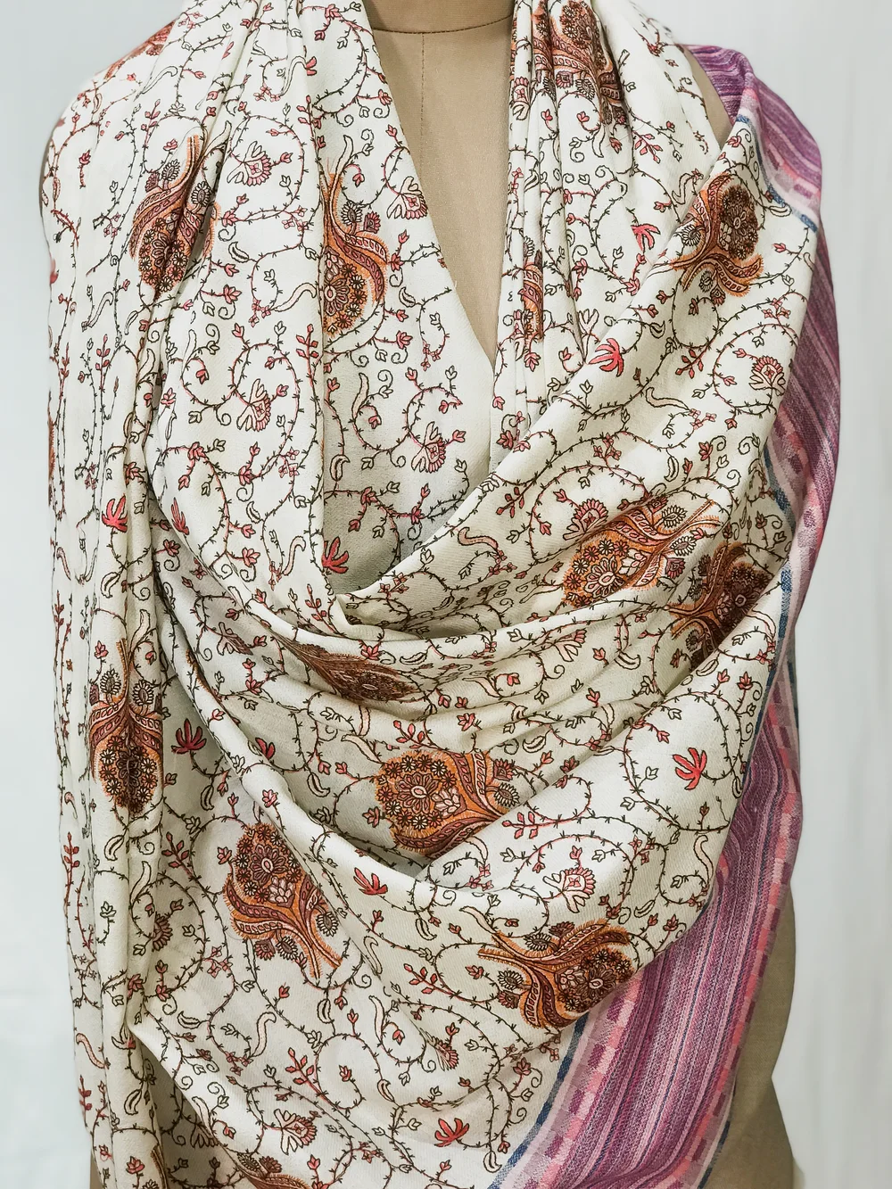 Off-White Pure Wool Shawl with Sozni Machine Jaal Embroidery front