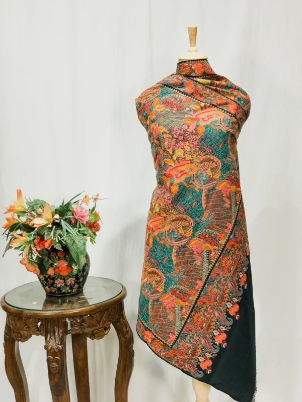 Midnight Black Pure Wool Shawl with Sozni Machine Jama Embroidery