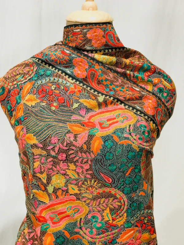 Midnight Black Pure Wool Shawl with Sozni Machine Jama Embroidery front