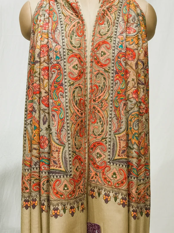 Beige Pure Wool Shawl with Sozni Machine Jama Embroidery front