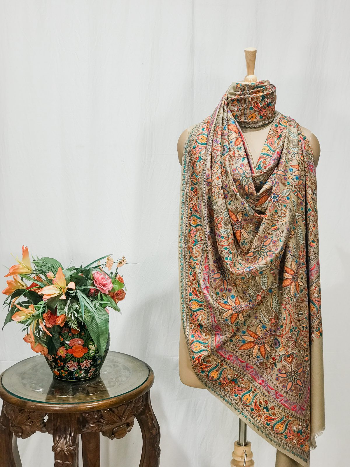Natural Pure Wool Shawl with Sozni Machine Jama Embroidery