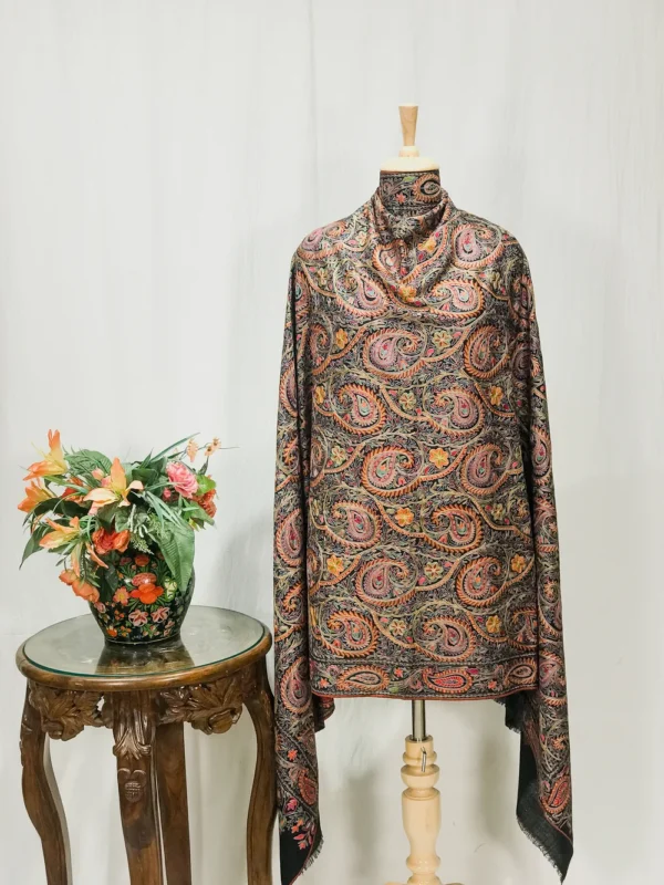 Black Natural Pure Wool Shawl with Silk Thread Aari Embroidery
