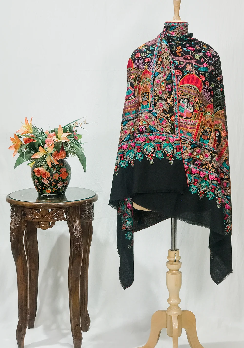 Black Fine Wool Shawl with Silk Thread Aari and Zari Jama Embroidery