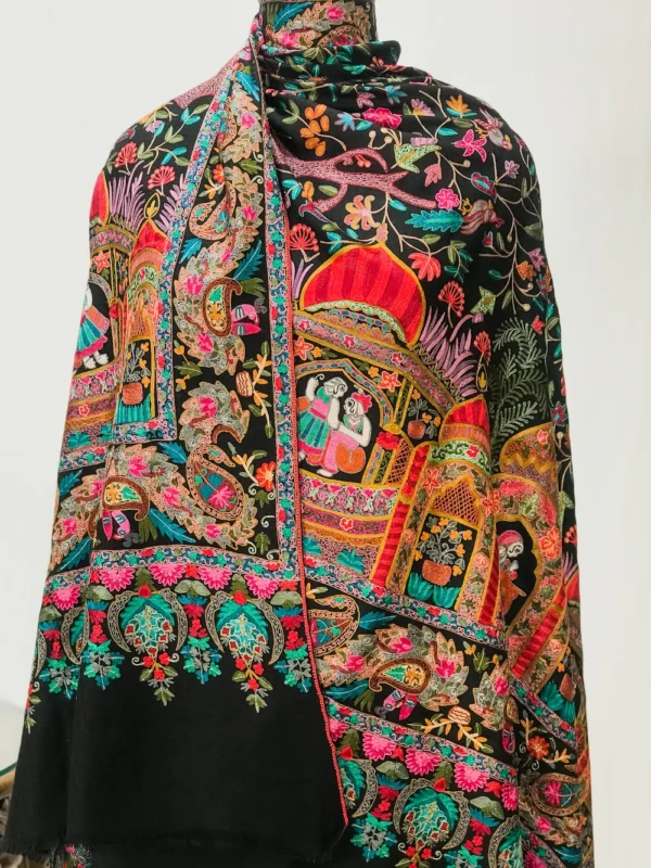 Black Fine Wool Shawl with Silk Thread Aari and Zari Jama Embroidery front