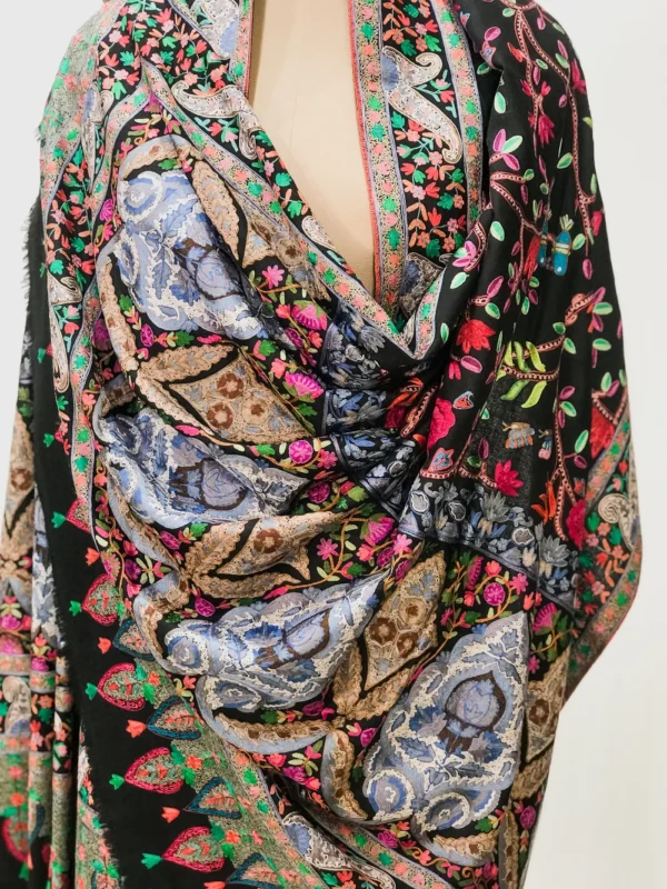 Black Fine Wool Textured Shawl with Silk Thread Aari Jama Embroidery front