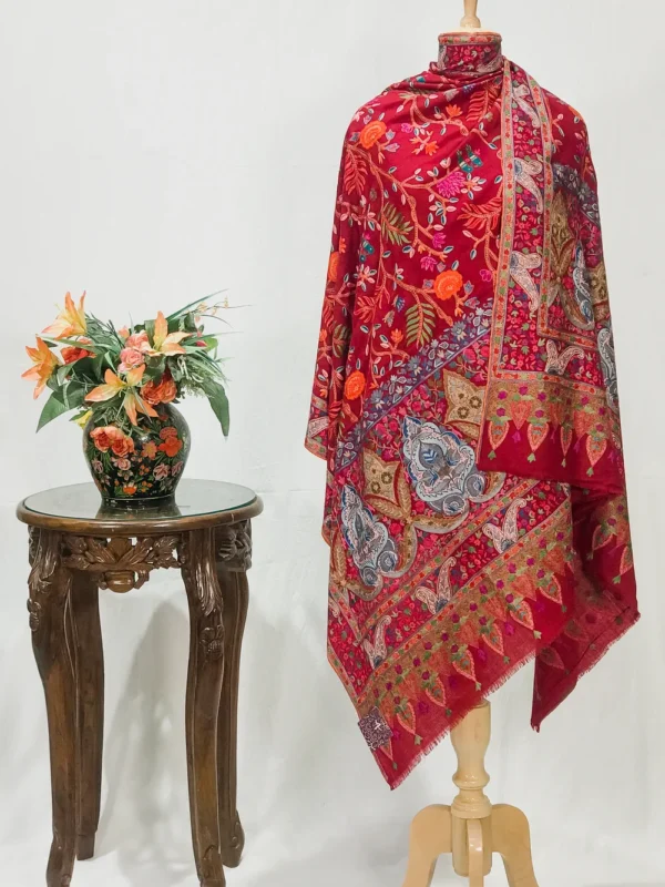 Red Fine Wool Textured Shawl with Silk Thread Aari Jama Embroidery