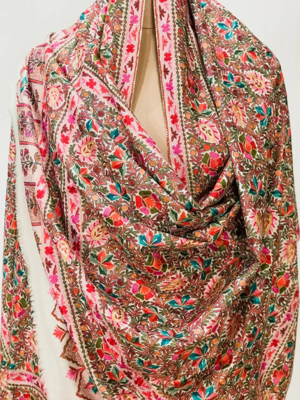 Cream Fine Wool Textured Shawl with Silk Thread Aari Jama Embroidery front