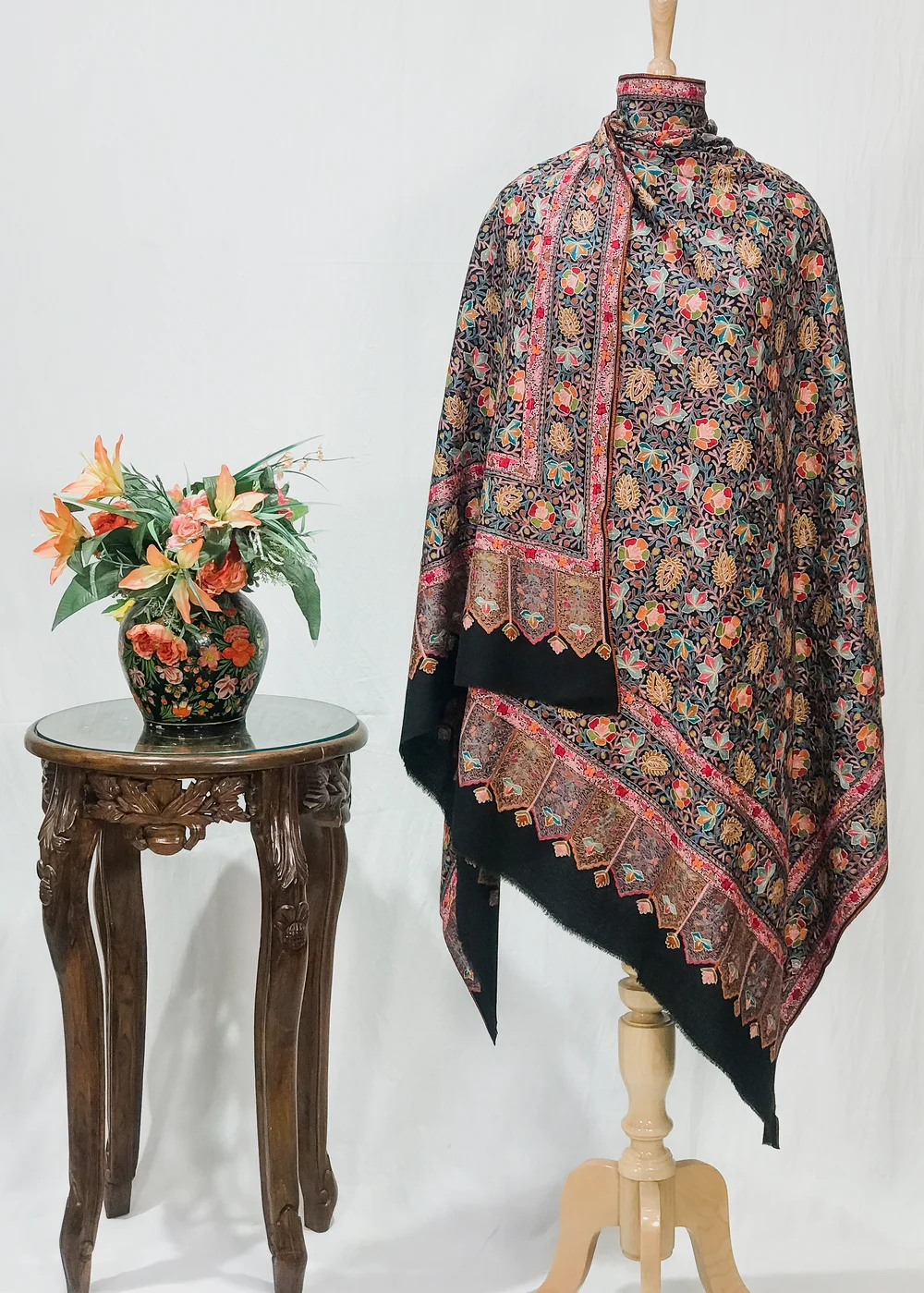 Black Fine Wool Textured Shawl with Silk Thread Aari Jama Embroidery