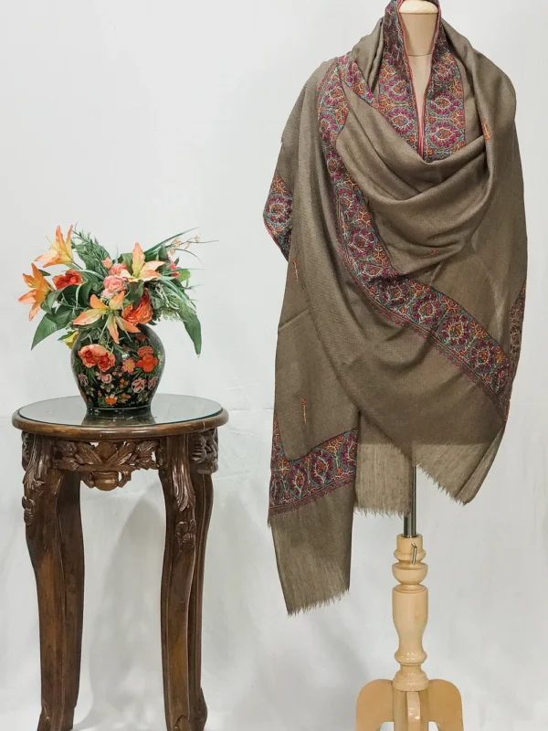 Grey Diamond Weave Pure Wool Cross Shade Shawl with Sozni Hand Embroidery