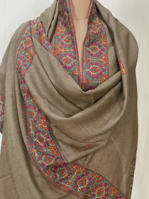 Grey Diamond Weave Pure Wool Cross Shade Shawl with Sozni Hand Embroidery front