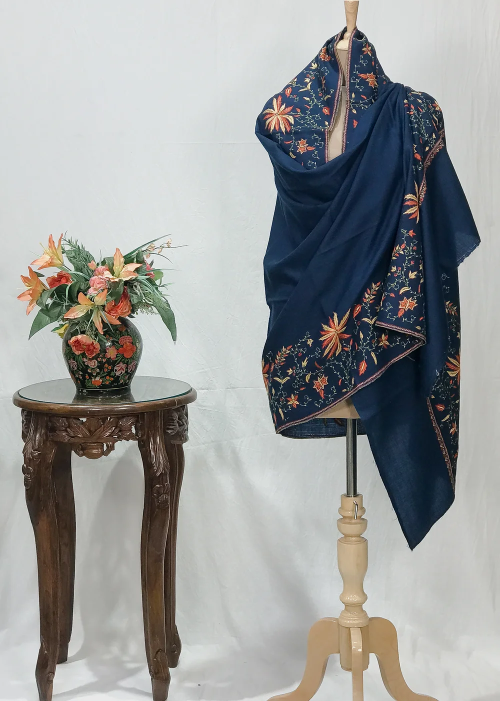 Peacock Blue Pure Wool Shawl with Sozni Hand Embroidery