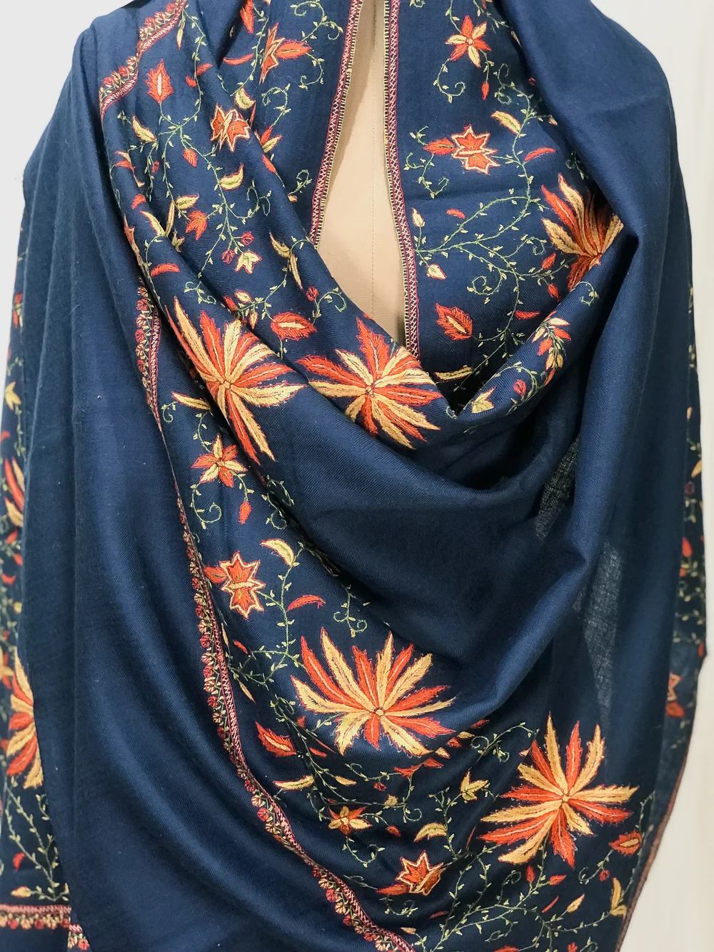 Peacock Blue Pure Wool Shawl with Sozni Hand Embroidery front