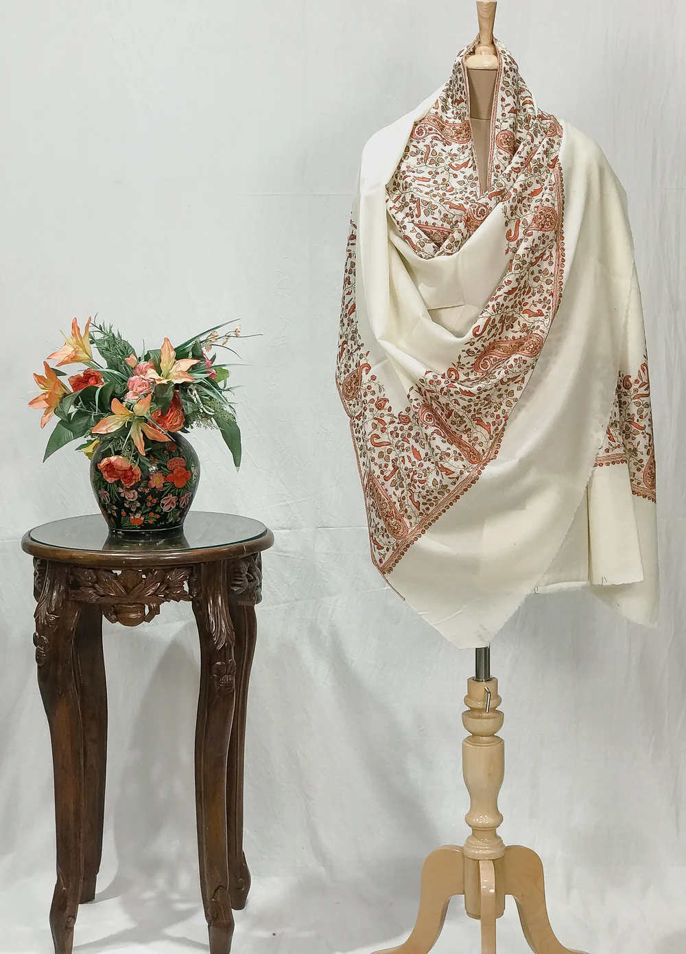 Off-White Pure Wool Shawl with Sozni Hand Embroidery