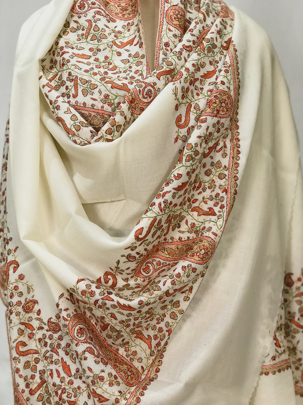 Off-White Pure Wool Shawl with Sozni Hand Embroidery front