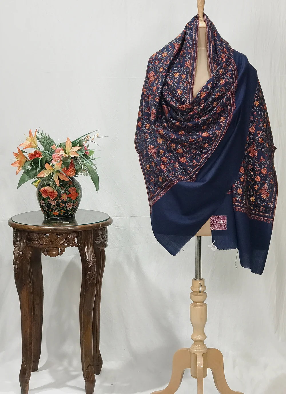 Navy Blue Sozni Jaal Hand Embroidered Pure Wool Shawl