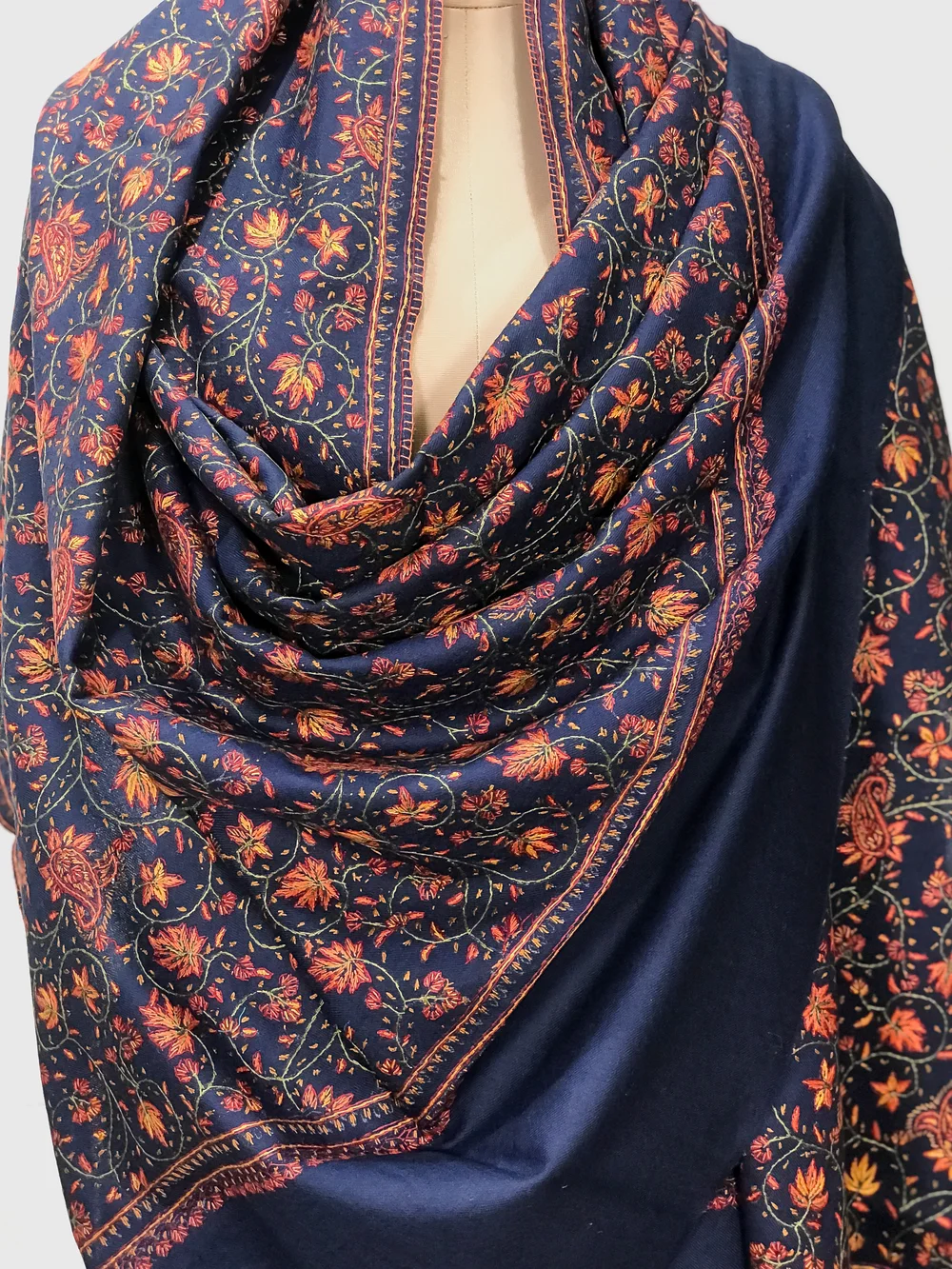 Navy Blue Sozni Jaal Hand Embroidered Pure Wool Shawl front
