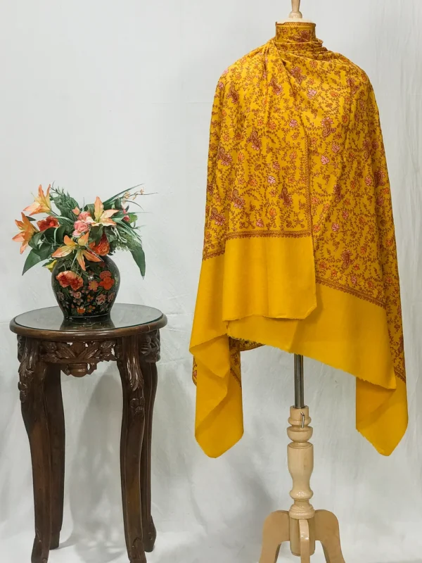 Yellow Sozni Jaal Hand Embroidered Pure Wool Shawl