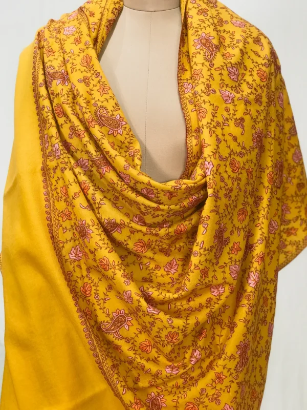 Yellow Sozni Jaal Hand Embroidered Pure Wool Shawl front