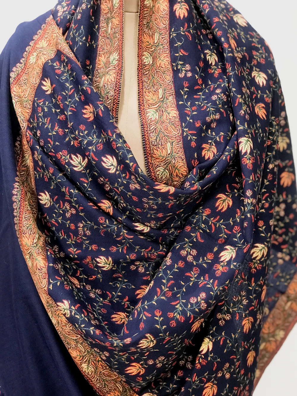 Navy Blue Neem Daur Sozni Jaal Hand Embroidered Pure Wool Shawl front