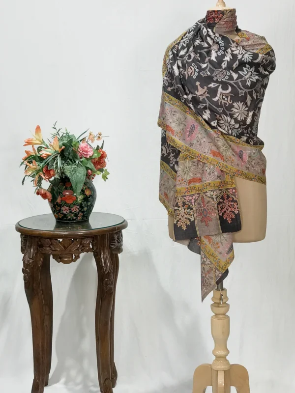 Charcoal Grey Fine Wool Kalamkari Stole with Pastel Multi-Colour Embroidery