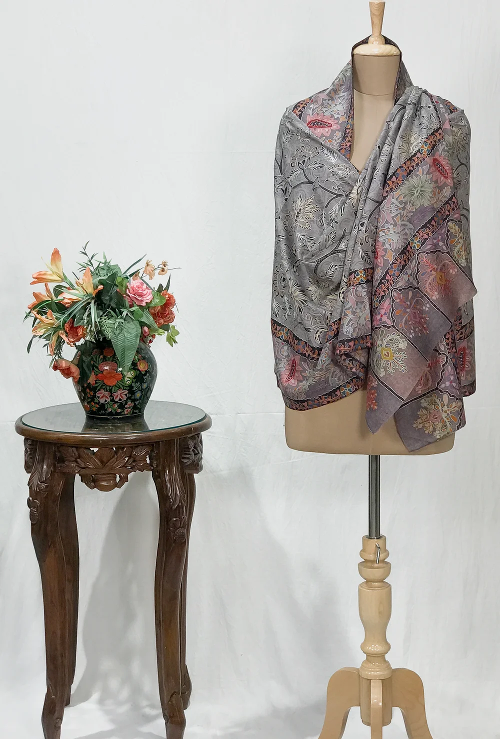 Grey Fine Wool Kalamkari Stole with Pastel Multi-Colour Embroidery
