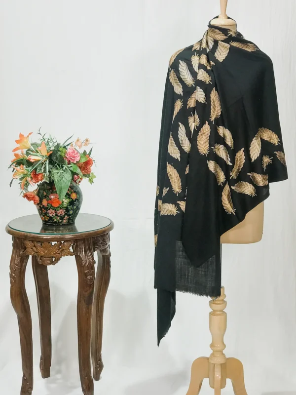 Black Fine Wool Stole with Thread Embroidery And Zari Detailing