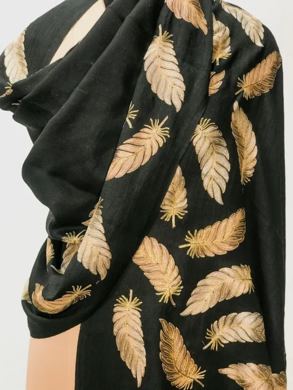 Black Fine Wool Stole with Thread Embroidery And Zari Detailing front