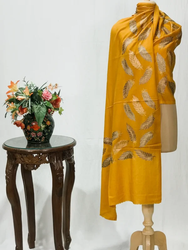 Mustard Fine Wool Stole with Thread Embroidery And Zari Detailing