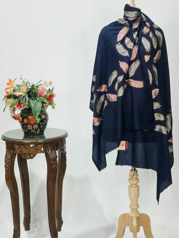 Navy Blue Fine Wool Stole with Thread Embroidery And Zari Detailing