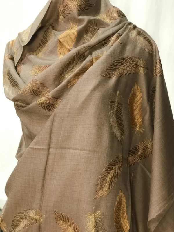 Natural Fine Wool Stole with Thread Embroidery And Zari Detailing front