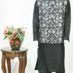 Black Pure Raw Silk Nehru Jacket and Kurta Pyjama with Aari Embroidery