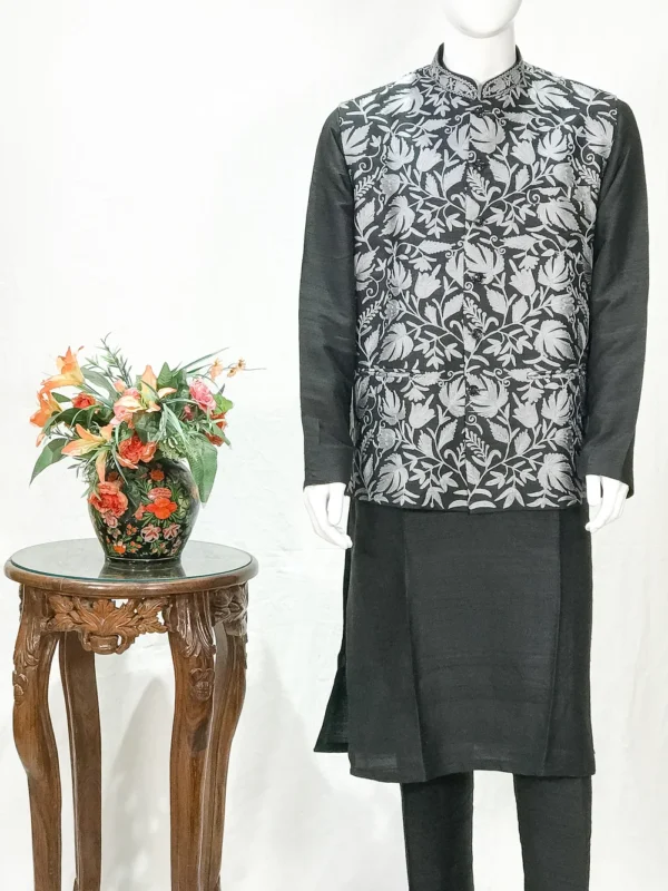 Black Pure Raw Silk Nehru Jacket and Kurta Pajama with Aari Embroidery