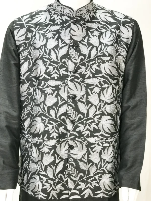 Black Pure Raw Silk Nehru Jacket and Kurta Pajama with Aari Embroidery front