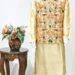 Pure Raw Silk Nehru Jacket and Kurta Pyjama with Aari Embroidery