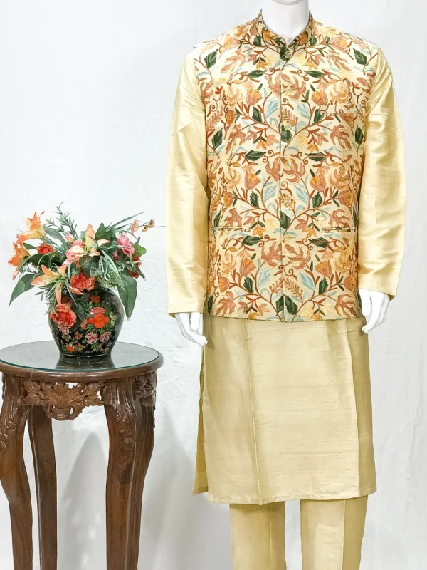 Fawn Pure Raw Silk Nehru Jacket and Kurta Pyjama with Aari Embroidery