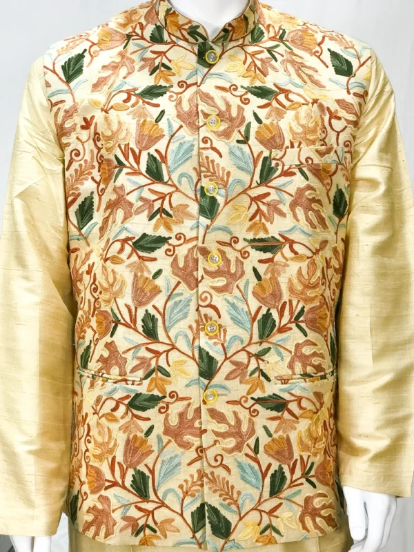 Fawn Pure Raw Silk Nehru Jacket and Kurta Pyjama with Aari Embroidery front