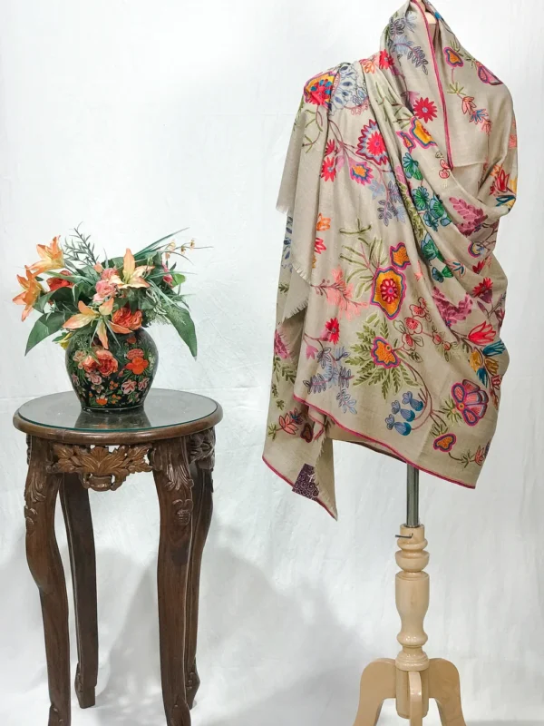 Beige Pure Wool Shawl with Silk Thread Aari Embroidery