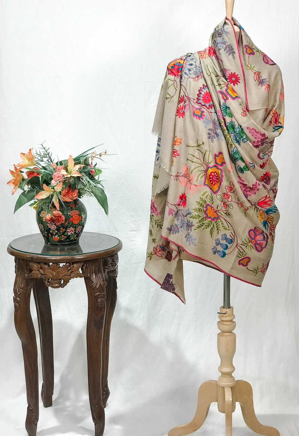 Beige Pure Wool Shawl with Silk Thread Aari Embroidery