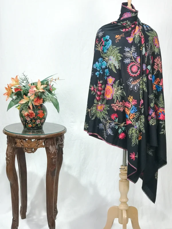 Black Pure Wool Shawl with Silk Thread Aari Embroidery