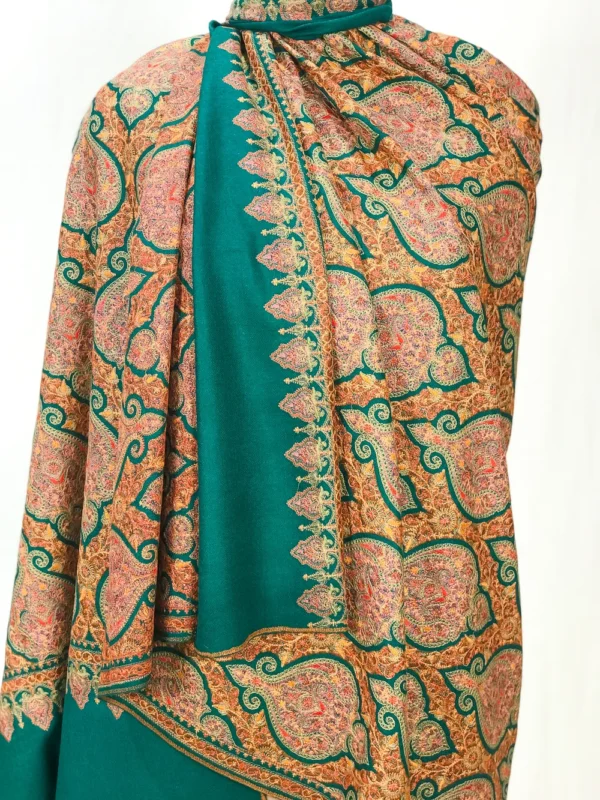 Green Pure Wool Shawl with Sozni Machine Jama Embroidery front