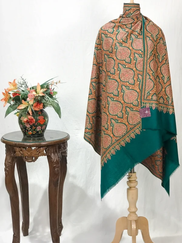 Green Pure Wool Shawl with Sozni Machine Jama Embroidery
