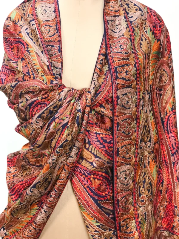 Navy Blue Fine Wool Shawl with Silk Thread Aari Jama Embroidery front