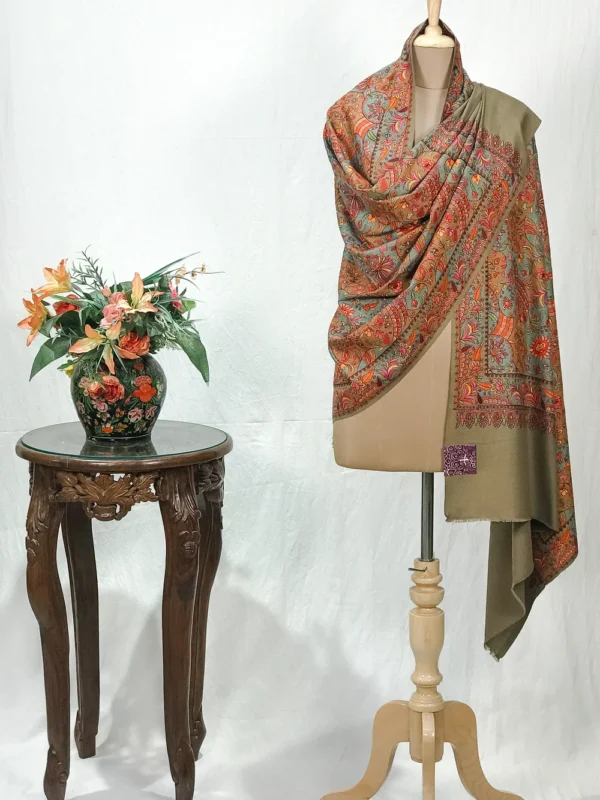 Beige Pure Wool Shawl with Sozni Machine Jama Embroidery