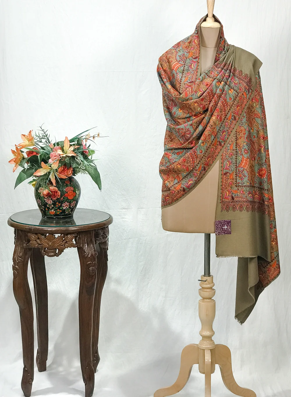 Beige Pure Wool Shawl with Sozni Machine Jama Embroidery